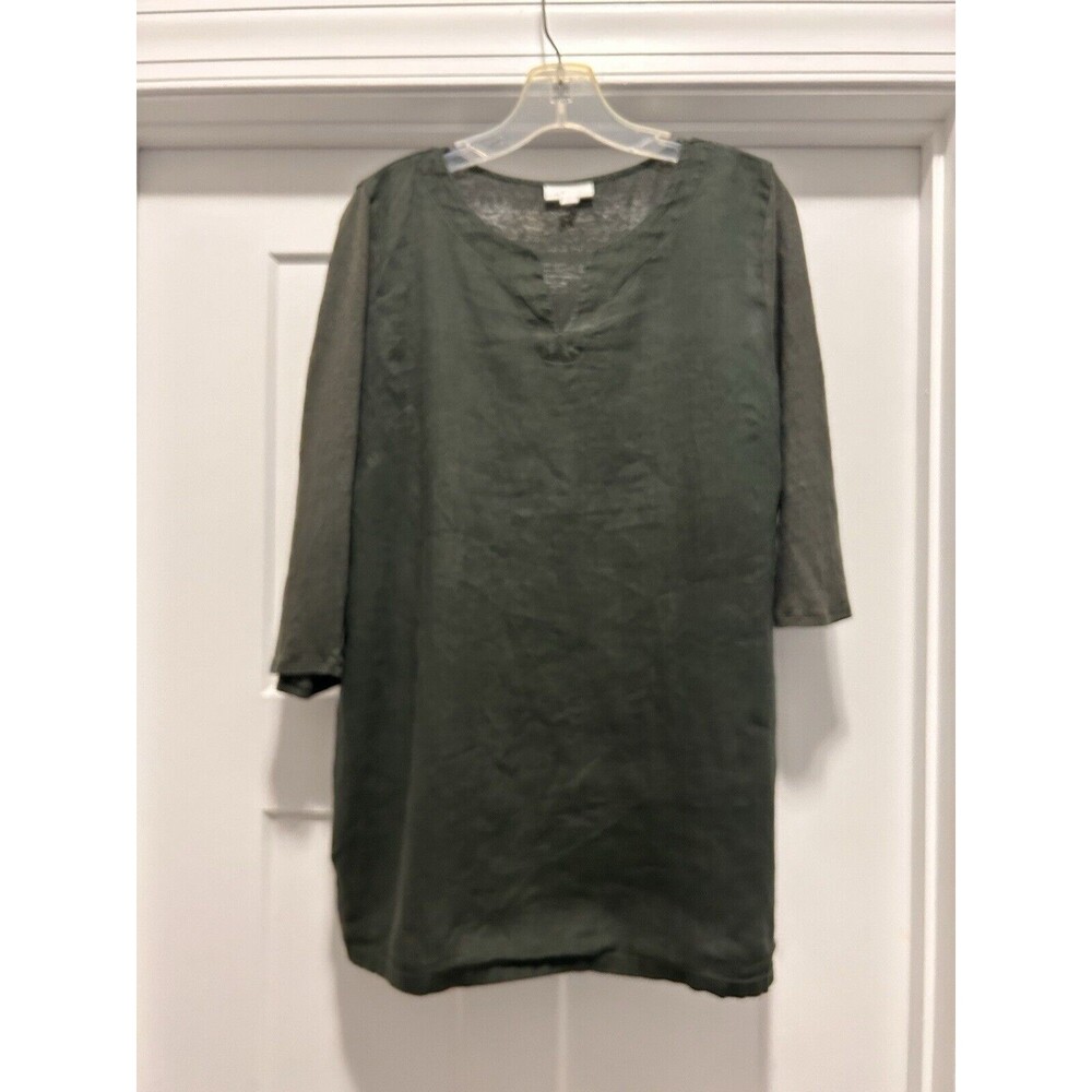 J. Jill Love Linen 100% Linen Tunic Top Size L Olive Green Knit Back Lagenlook